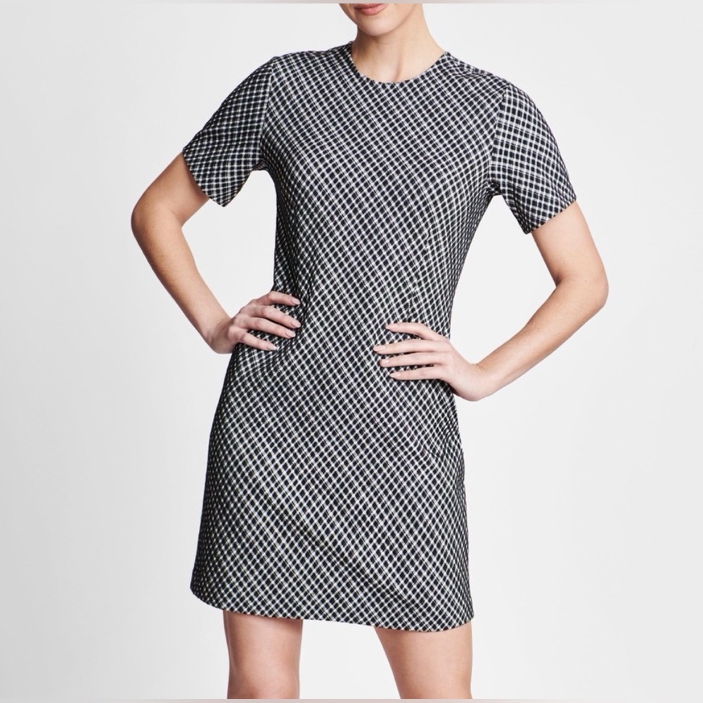 Spanx Plaid Check Mini Dress Jacquard Ponte Black White Short Sleeve Size S NWT